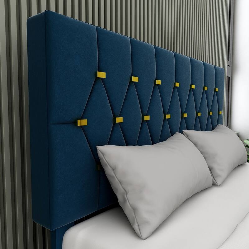 Modern Velvet Queen Bed with Twin Trundle and 2 Storage Drawers in Blue