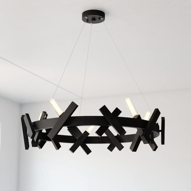 Wells 5 Light Matte Black Contemporary Wheel Chandelier - 28-in W x 6.5-in H x 28-in D - Matte Black - 28-in W x 6.5-in H x 28-in D