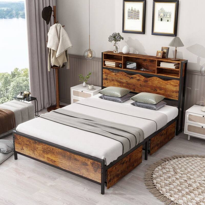 Full / Queen Size Rustic Storage Bed Frame with Bookcase Headboard with Power Outlets, 2 Under-Bed Storage Drawers Included🏕️
