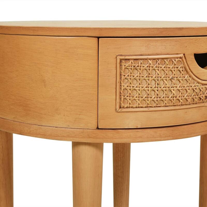 18" Round Cane Rattan Storage Side Table, Natural Brown Oak Wood for Living Room or Bedroom