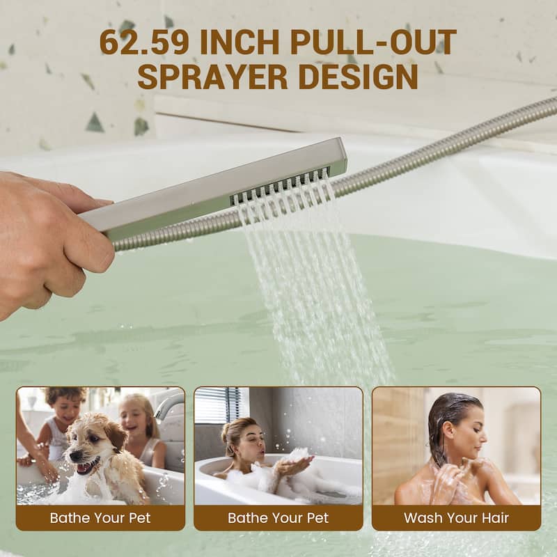 Bathtub Filler Faucet with Sprayer, Double-Handle Deck-Mount Roman Tub Faucet with Handshower, Pressure Balanced Valve Included