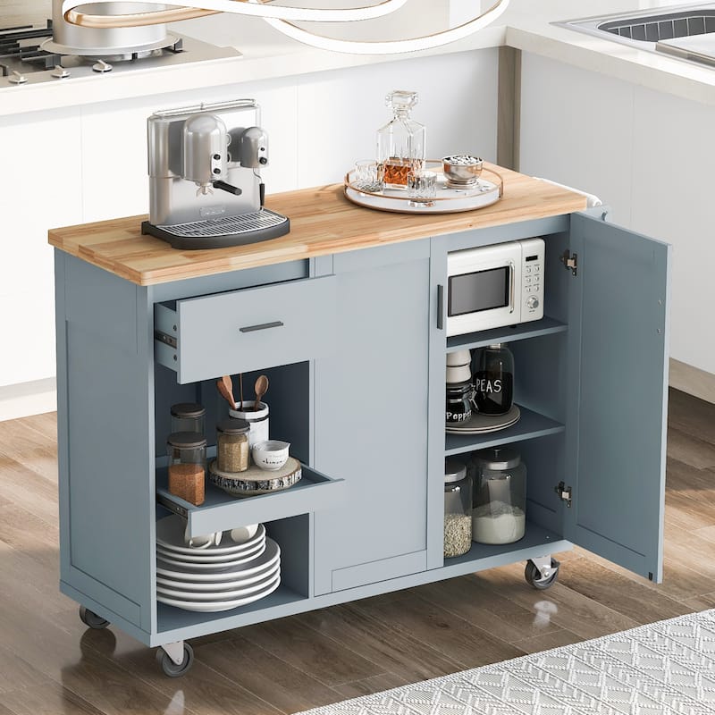 Kitchen Island with Foldable Counter Top, Kitchen Storage cart with Slide-Out Shelf, Towel Rack and Drawer - Grey-Blue