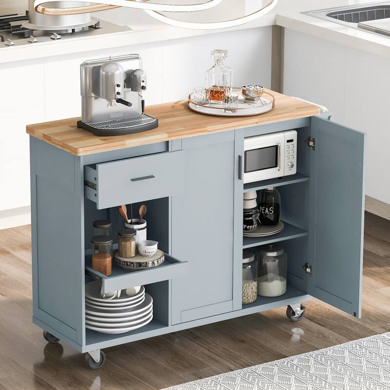 Space-Saving Kitchen Island with Foldable Countertop, Rolling Cart on Wheels, Towel Rack, Drawer & Slide-Out Shelf