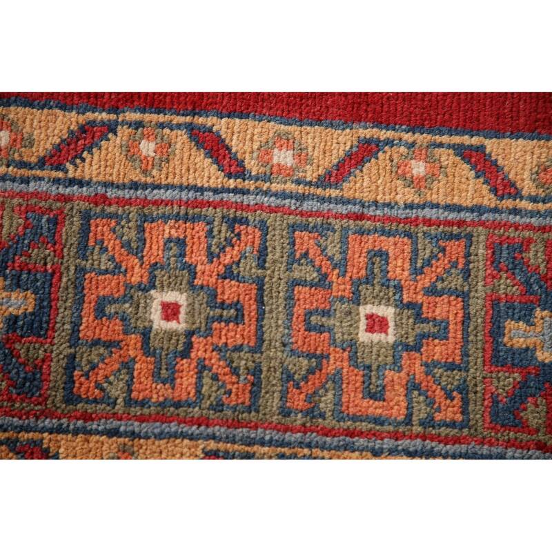 Red Geometric Kazak Accent Rug Hand-Knotted Wool Carpet - 3'4"x 5'0"