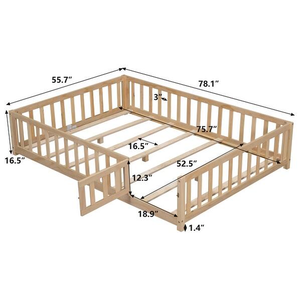 Full Size Montessori Floor Platform Bed with Fence & Door for Kids, Wooden Floor Bed Frame with Support Slats for Toddlers – Natural