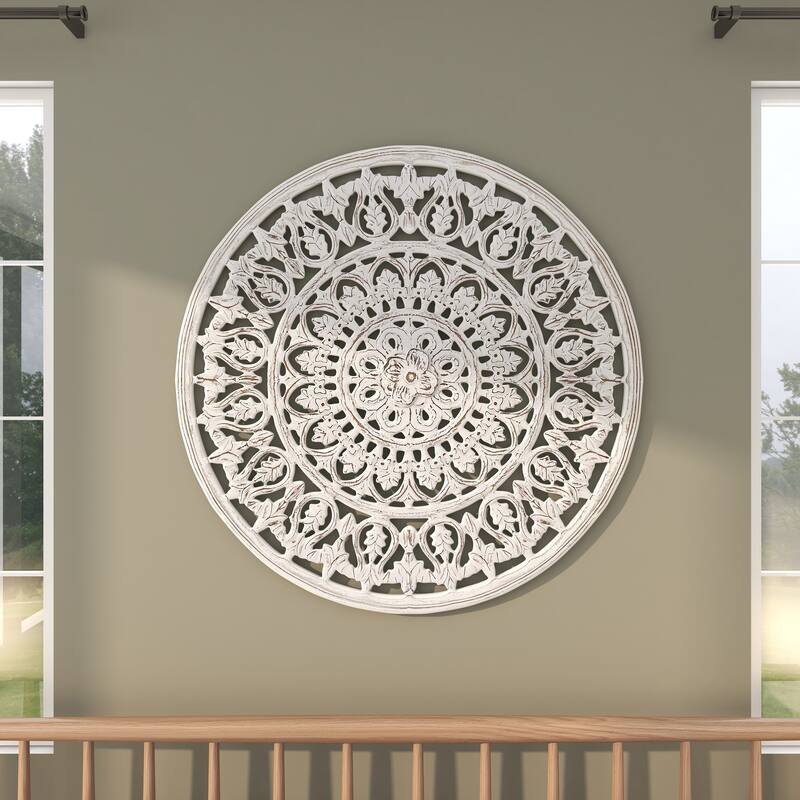 White Wood Handmade Intricately Carved Round Mandala Floral Home Wall Decor