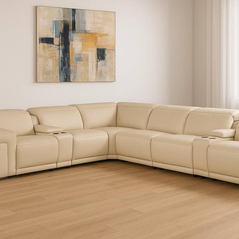 HomeRoots Beige Italian Leather Modular L Shaped Eight Piece Corner Sectional With Console - Reversible - Beige