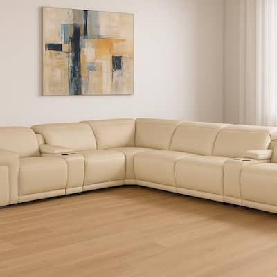HomeRoots Beige Italian Leather Modular L Shaped Eight Piece Corner Sectional With Console