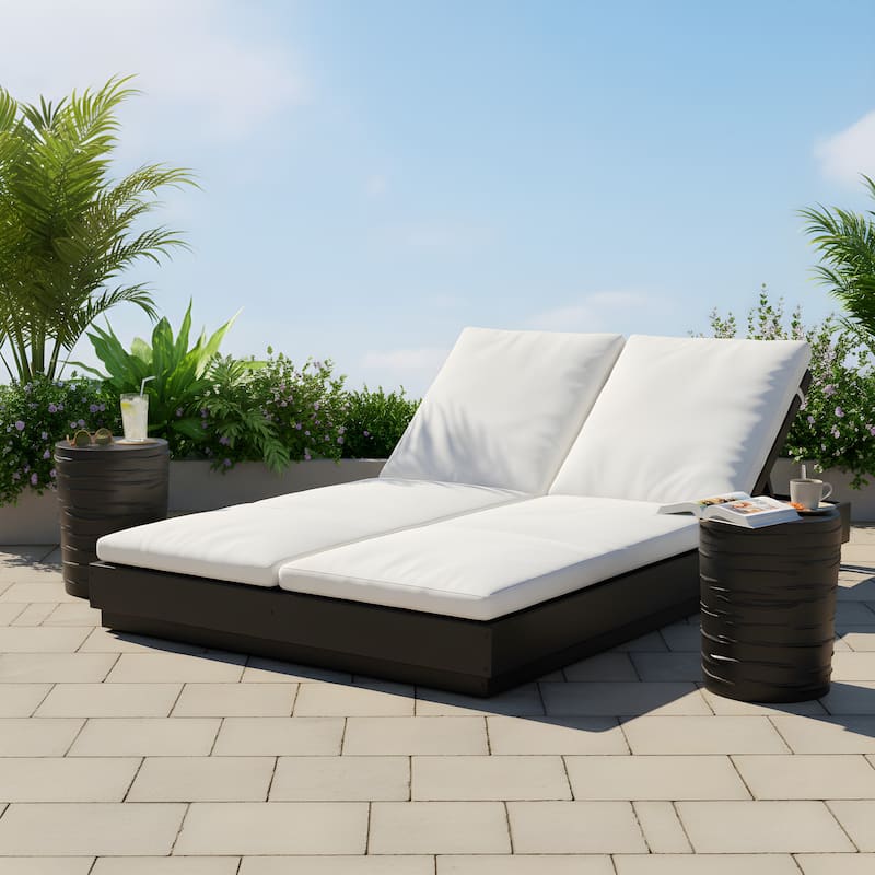 Christopher Knight Home - Outdoor Acacia Wood 5-Position Adjustable Double Sunlounge Set with MGO Side Table - 3-Piece Set-Black+Beige