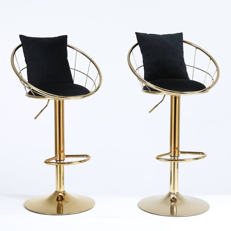 Velvet Swivel Bar Stools Set of 2, Upholstered Kitchen Island Stools with Back and Footrest, Counter Barstools with Pillow