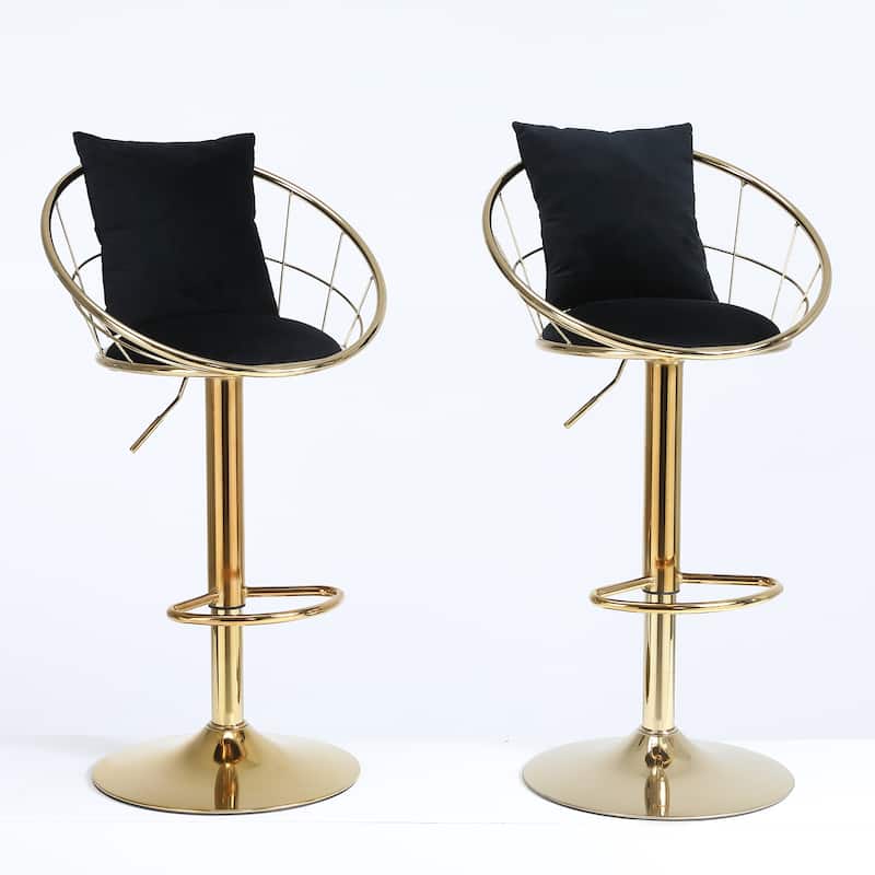 360 Degree Rotation Adjustable Height Velvet Bar Stool, Gold Plated Footrest and Base set of 2