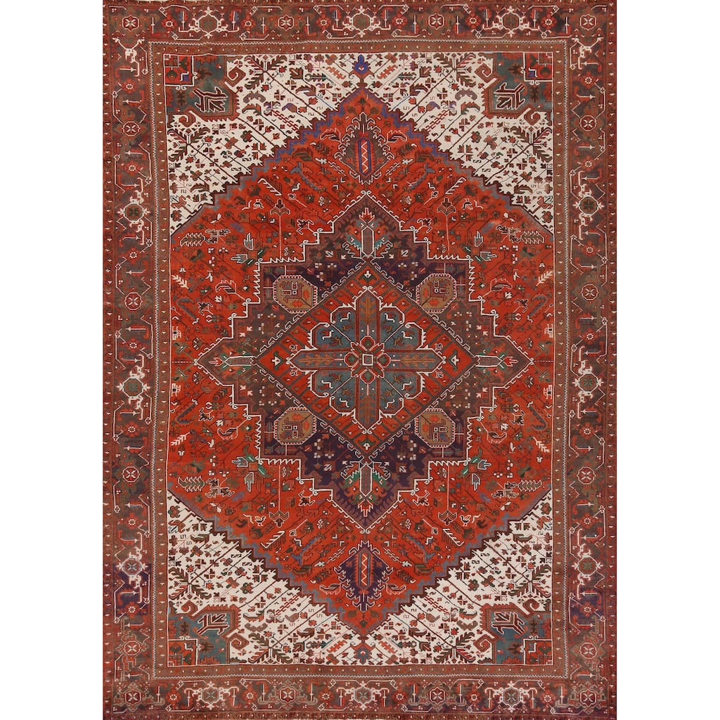 Hand Knotted Oriental 100% Wool Carpet Traditional Medallion Oranges & Rust Heriz Area Rug - 12' 9'' X 9' 10''