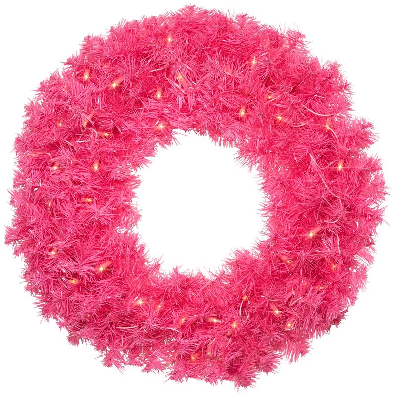 Pre-Lit Tinsel Artificial Christmas Wreath - 24" - Pink - Clear Lights