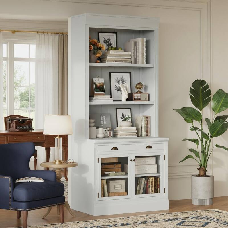 Merax Elegant Glass-Door Display Bookcase with Adjustable Shelves & Metal Hardware - White
