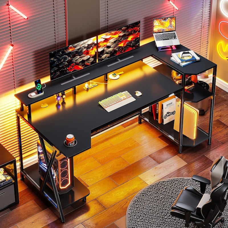 PC Gaming Desk Power Outlets Computer Desk LED Lights Storage Shelves - Black - 55"