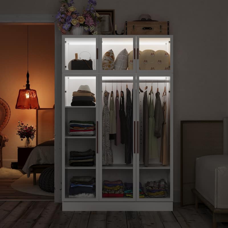 47.2" Wide Armoire LED Light All Glass Door Closet Cabinet Wardrobe