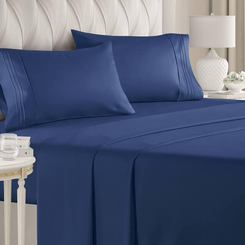 CGK Linens 4 Piece Solid Deep Pockets Microfiber, Easy-Fit Bed Sheet Set - California King - Navy Blue