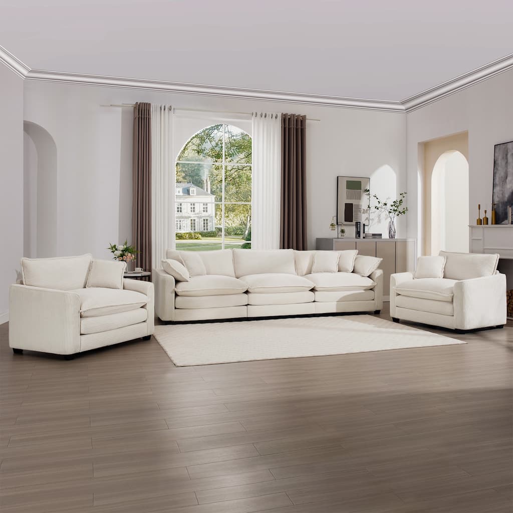 3-Piece Corduroy Flexible Combinations Sofa Set with 3-Seater Cushions Sofas and 2 Single Sofa Chairs for Livingroom