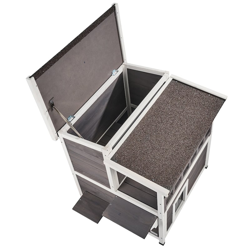 Grey Wooden Outdoor Double Layer Cat House with Jumping Platform and Asphalt Roof - 30” x 30” x 32”