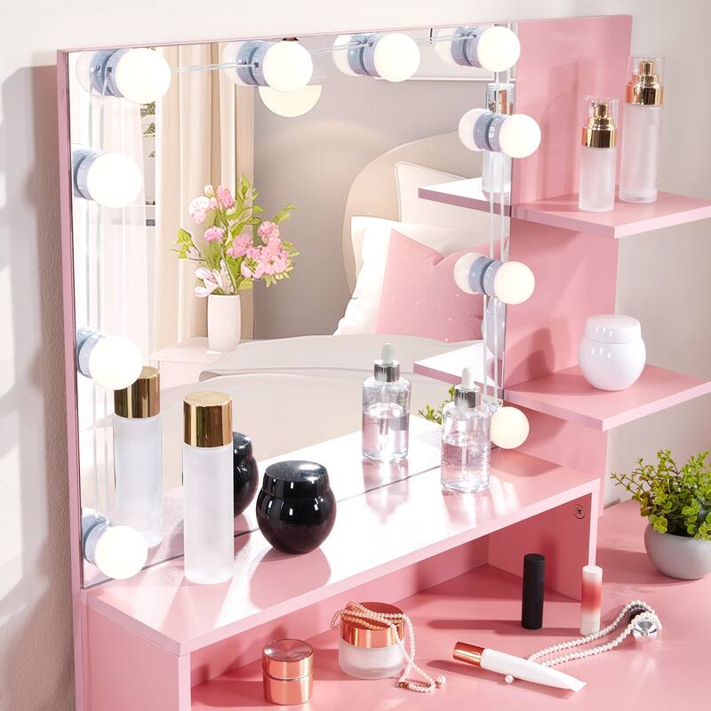Vanity Set Pink Particle Board 1 Drawer 1 Door 3 Shelves Lamp - 29.53" x 15.55" x 53.27"