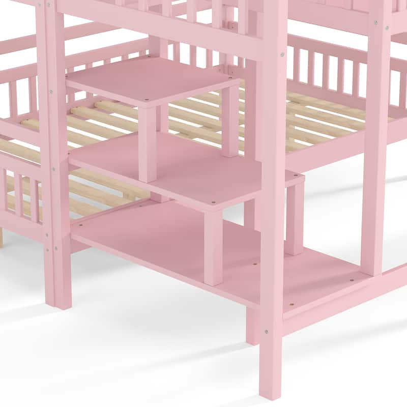 Full/Twin House-Shaped Bunk Bed with Slide & Storage Stairs, Playhouse Bed with Two Placement Methods