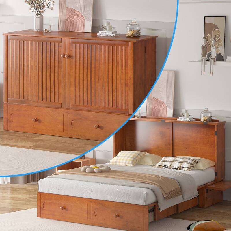 Mixoy Murphy Bed,Cube Foldable Cabinet Bed with Charging Station - Cherry - Queen