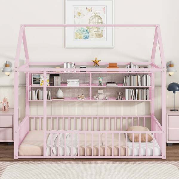 slide 2 of 33, Twin Size Metal House Bed Frame with Fence and Shelves Pink