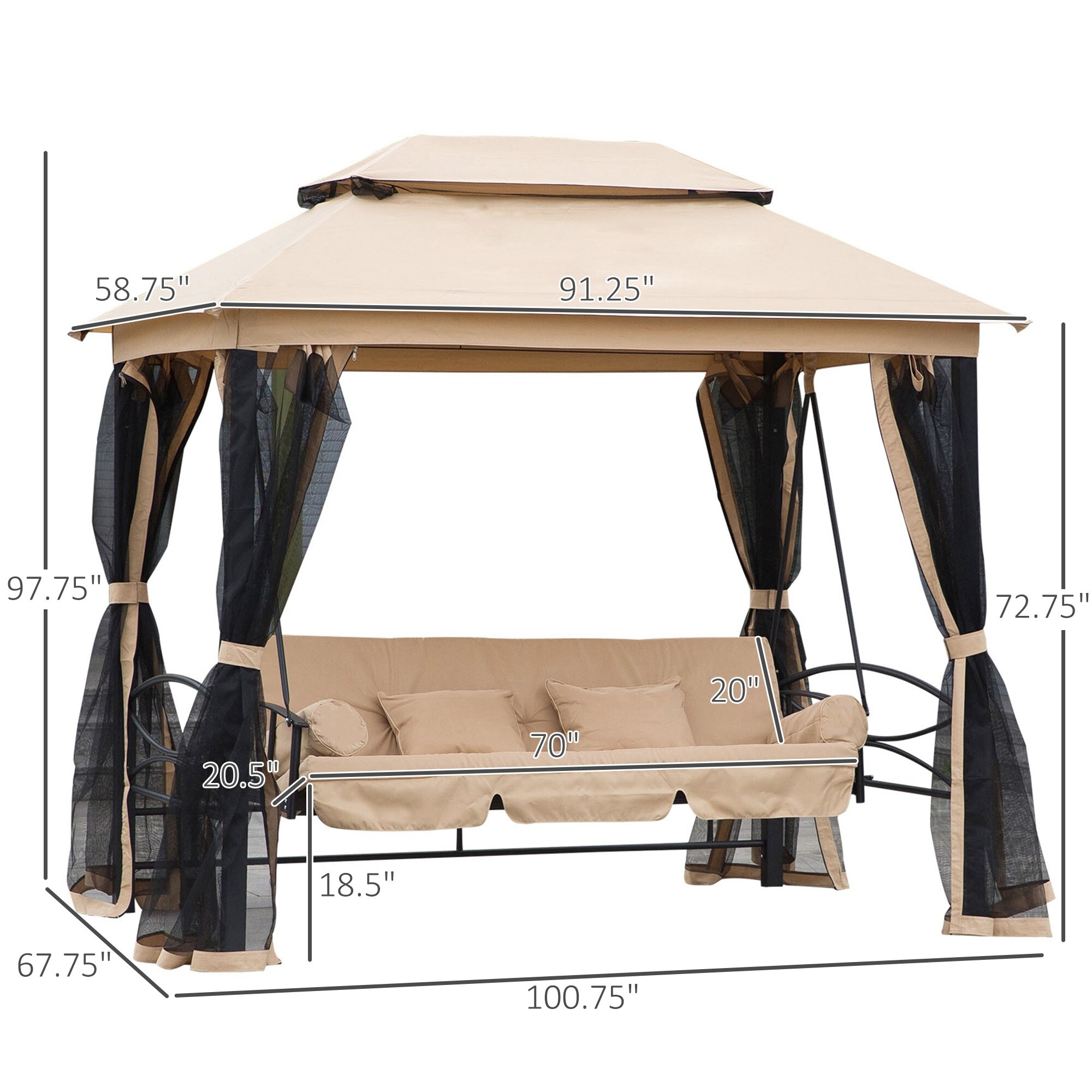 Outdoor Gazebo Swing 3 In 1 Patio Hanging Swing Chair with 2 Tier Canopy Mesh Sidewalls Cushioned Seat Pillows Beige