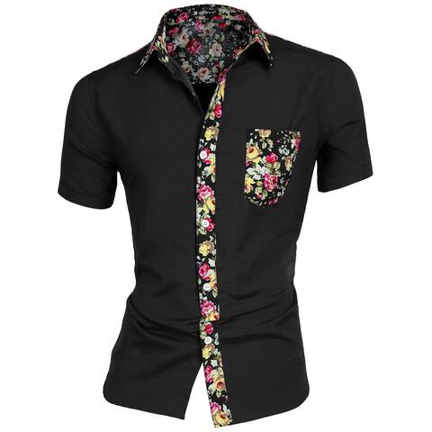 Men's Button Up Floral Prints Splicing Design Shirt Light