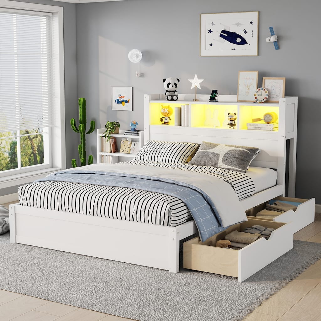 Full Size Bed with Drawers, Wood Full Bed with Storage Headboard and Pull Out Storage Cabinet, Wood Bed with Light and Socket