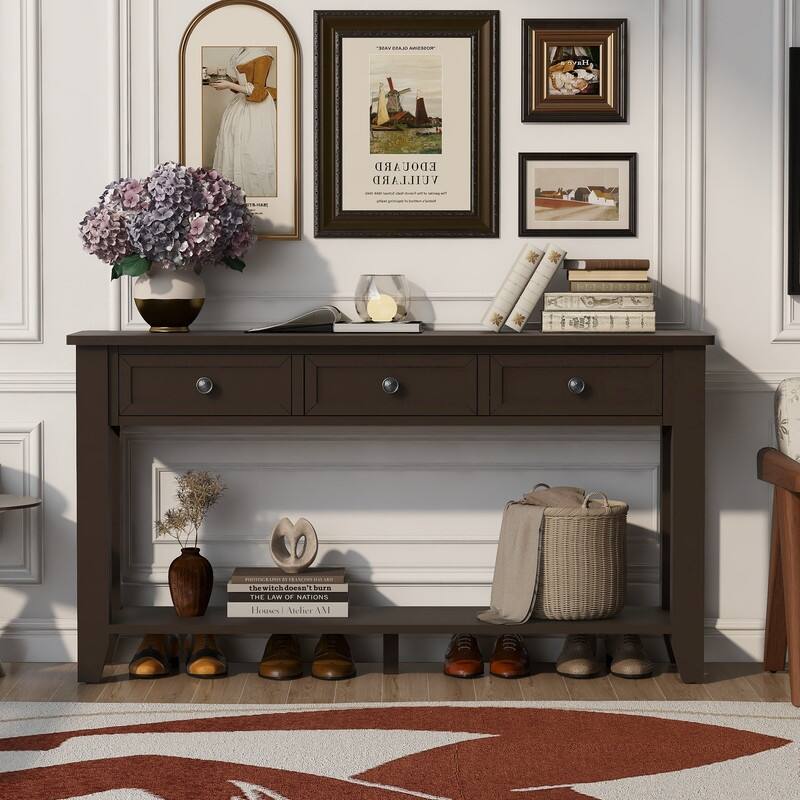 55.4" Modern Entryway Console Table with Three Storage Drawers,Sideboard with Poplar Legs and Metal Handles - Dark Coffee