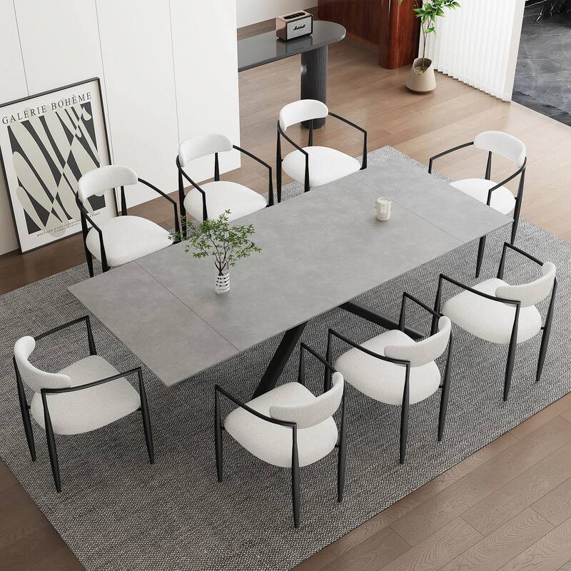 9 - Piece 102.36'' Extendable Rectangular Sintered Stone Dining Table with 8 Fabric Chairs Dining Set - White/Black chair