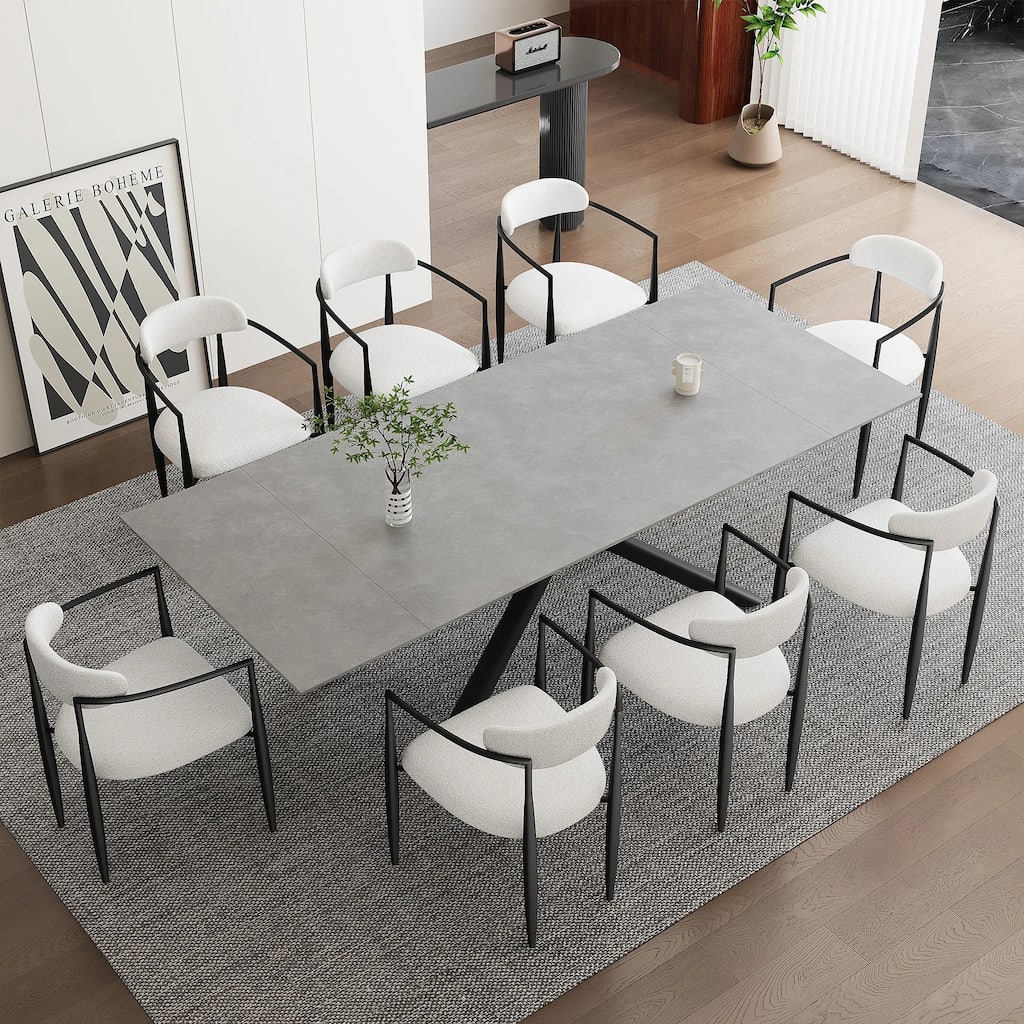 9 - Piece 102.36'' Extendable Rectangular Sintered Stone Dining Table with 8 Fabric Chairs Dining Set