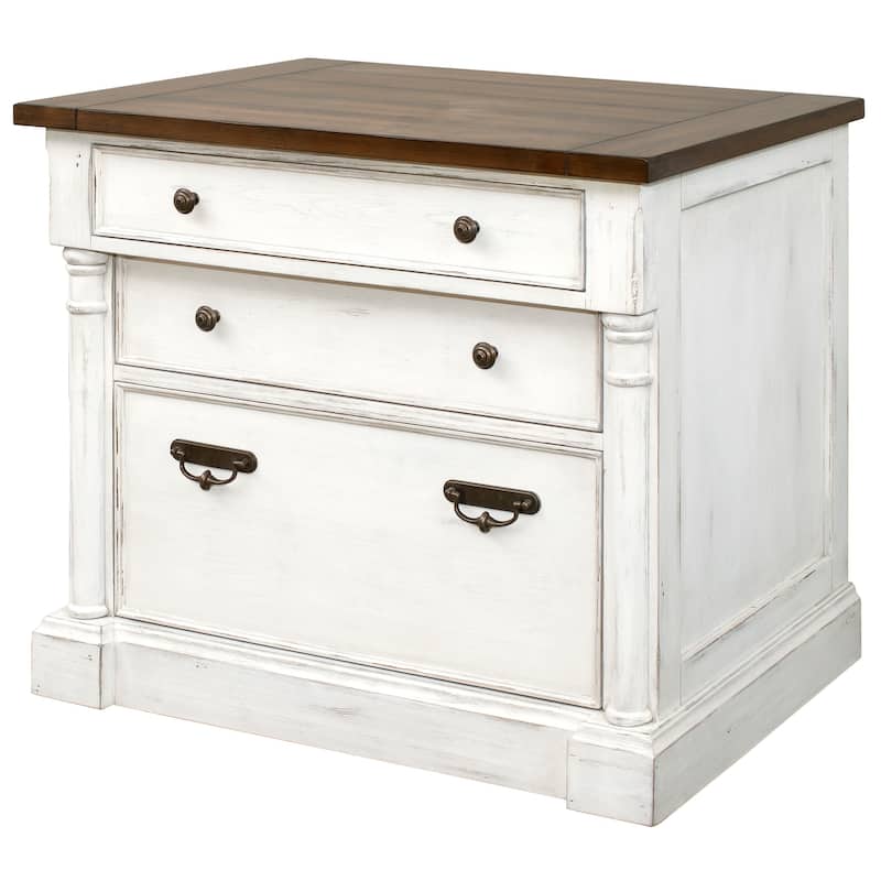 Rustic Wood Lateral File With Locking Legal/Letter File Drawer, Storage Cabinet, White - Weathered white finish