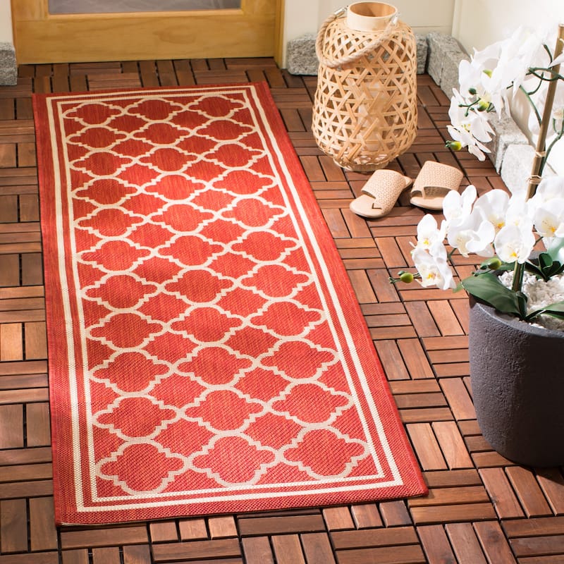 SAFAVIEH Courtyard Kristelle Indoor/ Outdoor Waterproof Patio Backyard Rug - 2'3" x 22' Runner - Red/Bone