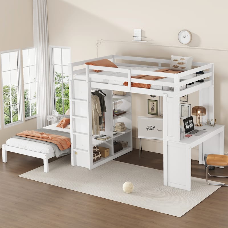 Roomfitters Full/Queen Solid Wood Bunk Bed with Dismountable Lower Bed, Desk, Shelves & Wardrobe, Convertible Loft
