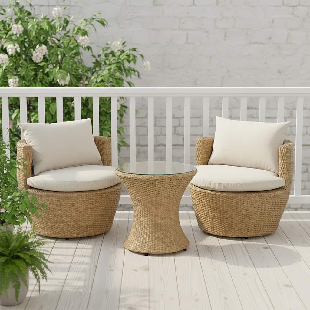 Roomfitters Outdoor Chat Set 3 Piece Boho Faux Wicker Glass Top Table Cushioned, Light Brown