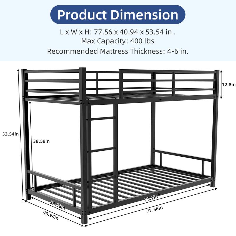 Metal Twin over Twin Bunk Bed/ Heavy-duty Sturdy Metal/ Noise Reduced/ Safety Guardrail/No Box Spring Needed