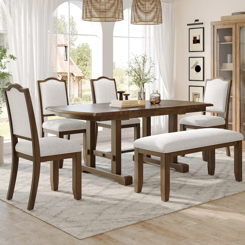 Roomfitters 6-Piece Extendable Dining Table Set, 60-78 Inch Wooden Kitchen Table with Leaf, 4 Upholstered Chairs & Bench