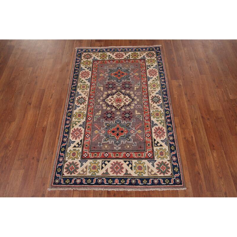 Geometric Brown Kazak Foyer Rug Hand-Knotted Wool Carpet - 2'9" x 4'1"