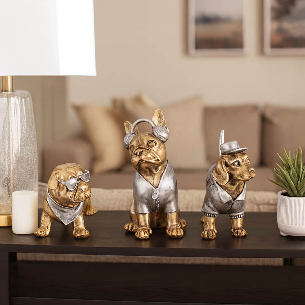 Polyresin Cool Dogs Figurine - Set of 3, Gold, 10" - 9.0"