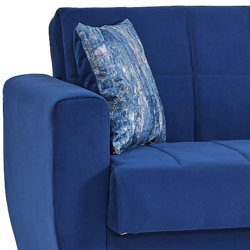 HomeRoots 84" Blue Microfiber Convertible Futon Sleeper Sofa With Toss Pillows And Storage