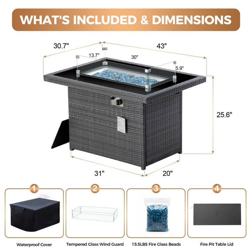 43" Wicker Outdoor Propane Fire Pit Table, 60,000 BTU, Wind Guard