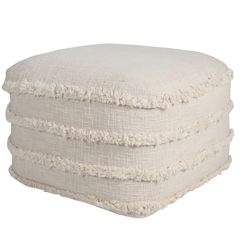 HomeRoots 18" Cream Cotton Tufted Cube Striped Pouf Ottoman