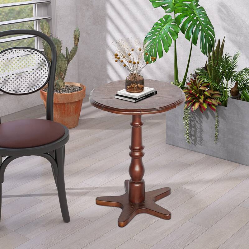 15.75 inch Round Small End Table, Wooden Pedestal Side Coffee Tables, Vintage Accent Nightstand for Living Room, Bedroom - Walnut Brown