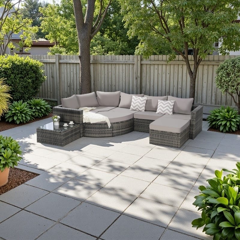 8-Piece Outdoor Wicker Sectional Sofa Set with Curved Seating, Ottomans & Tempered Glass Table and Washable Cushions - Light Gray