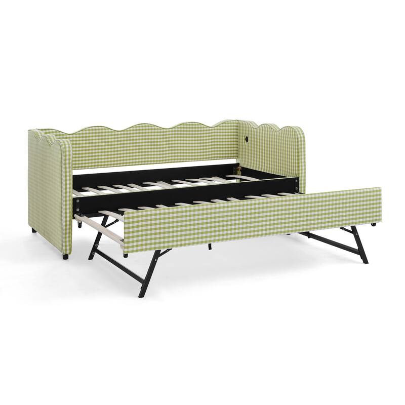 Linen Fabric Gingham Daybed with Trundle, Twin Size Sofa Bed with USB Port and Adorable Wave Shaped Headboard