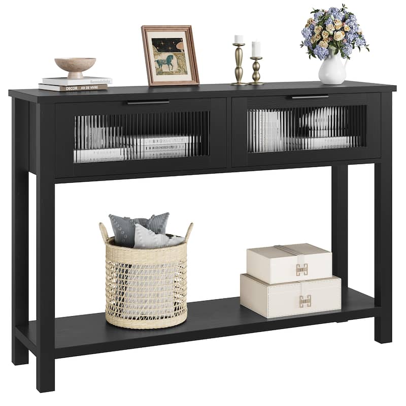 Entryway Table, Wood Console Table with 2 Glass Drawers