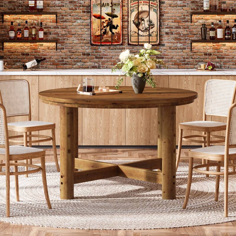 47 Inch Solid Wood Round Dining Table for 4-6 People, Farmhouse Style - 47.24" L x 47.24" W x 29.53" H