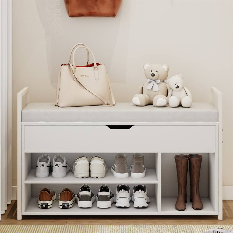 39" Wood Shoe Storage Bench with Cushion and Lift-Top Storage Box